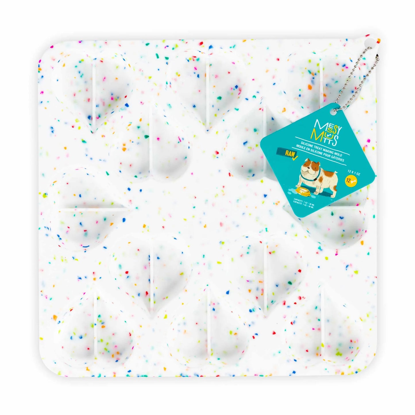 White silicone mold with colorful sprinkles and a tag on a white background