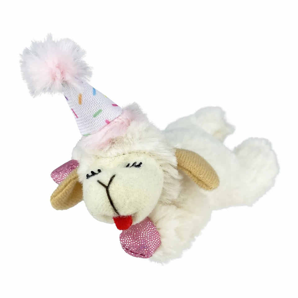 White Multipet Lamb Chop plush cat toy wearing a pink birthday hat