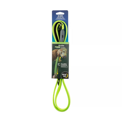 Neon green Nite Ize NiteDog rechargeable LED dog leash in retail packaging