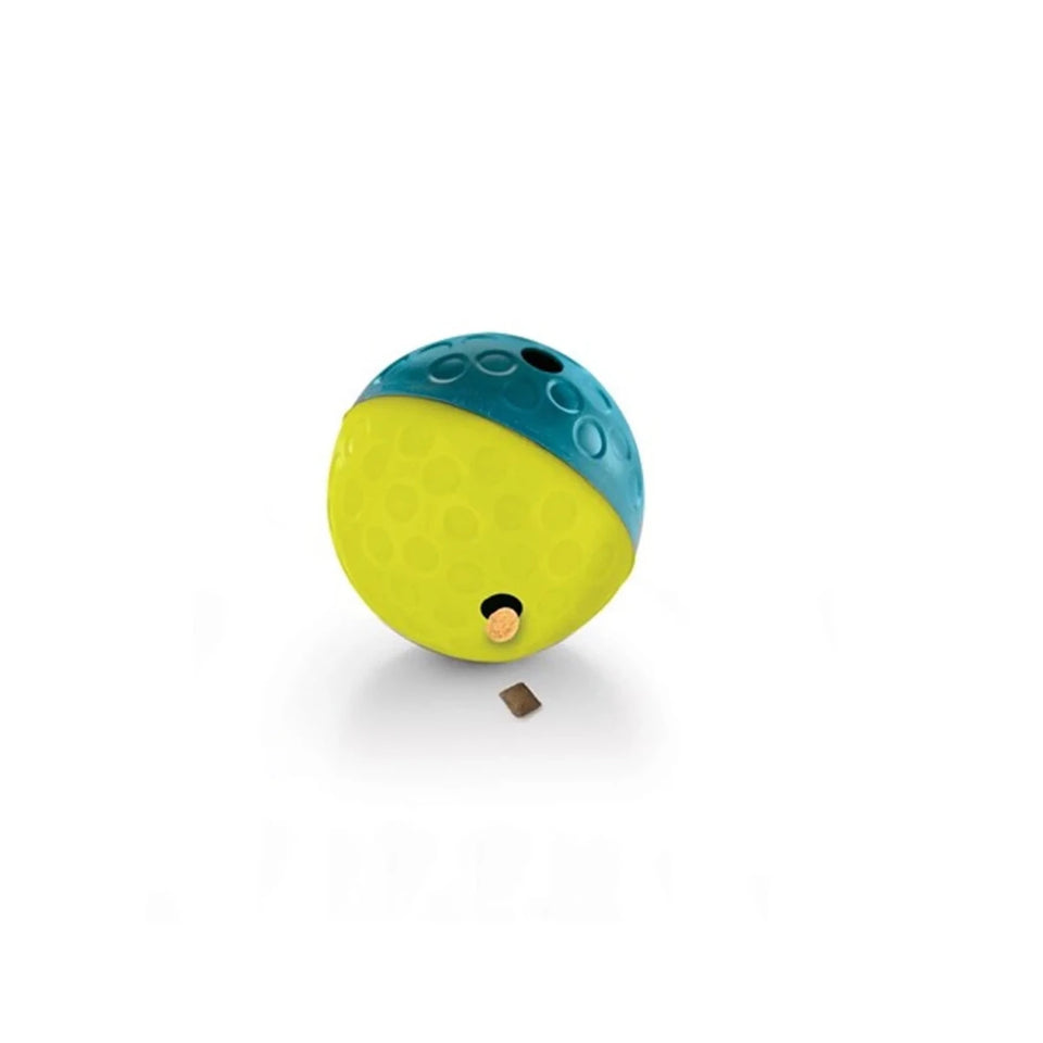 Teal and lime Nina Ottosson Treat Tumble dog puzzle ball with treat opening