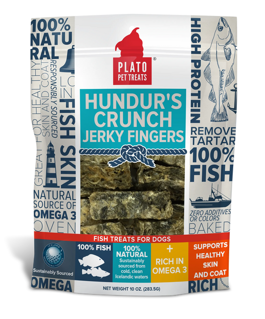 Plato Hundur's Crunch Jerky Fingers fish treats for dogs packaging on a white background