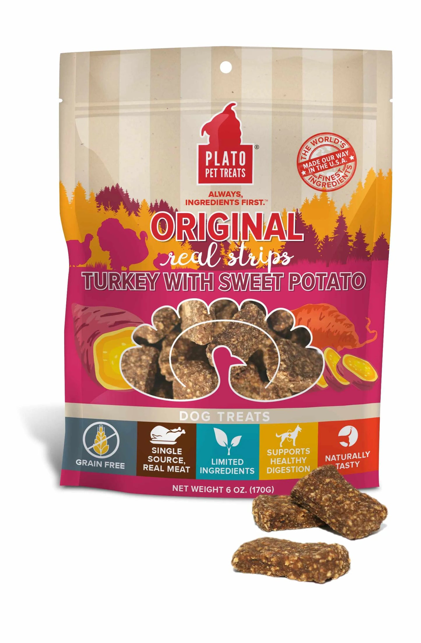 Plato Turkey Sweet Potato Dog Treats - Soft Air-Dried Strips (6oz & 18oz).