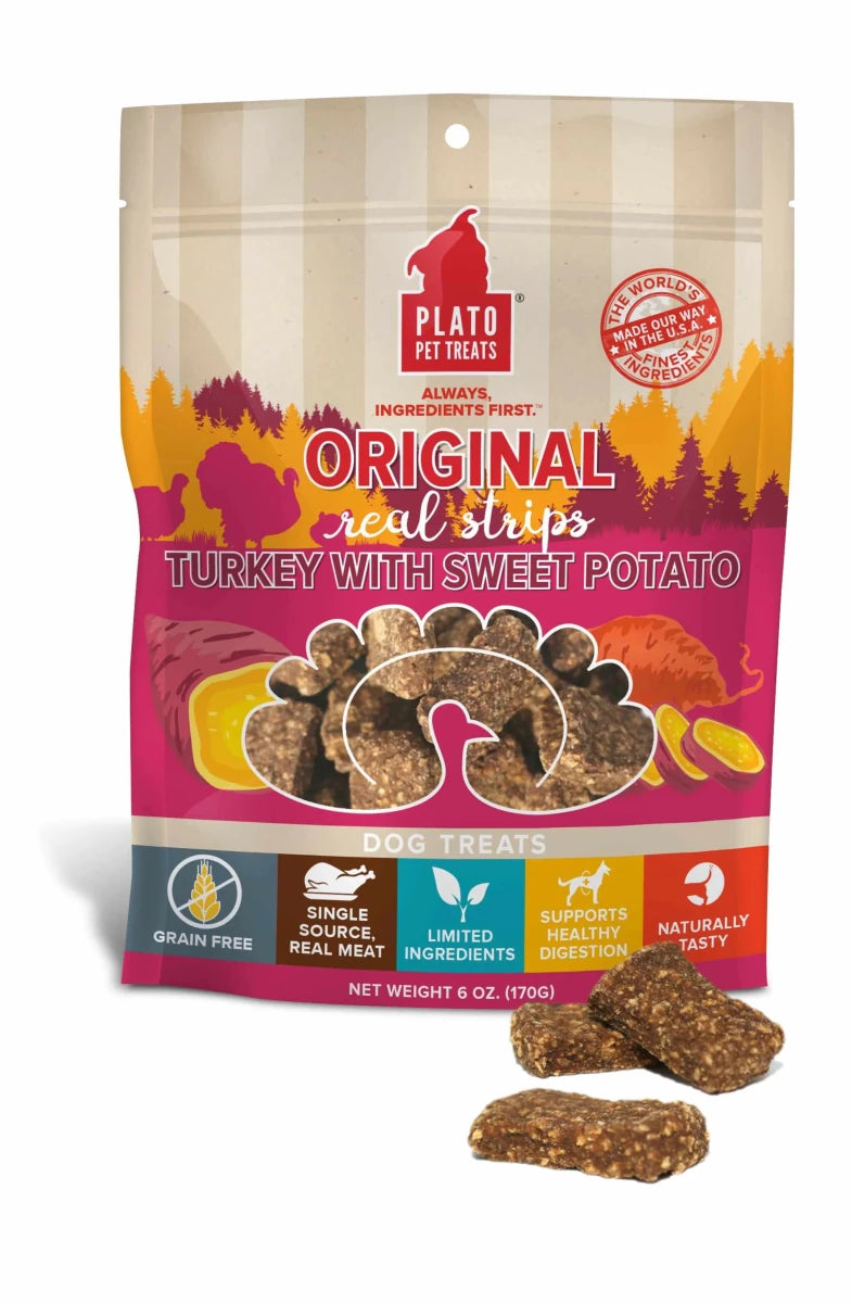 Plato Original Real Strips Turkey & Sweet Potato Air-Dried Dog Treats (6 oz & 18 oz) - Pets Perfect