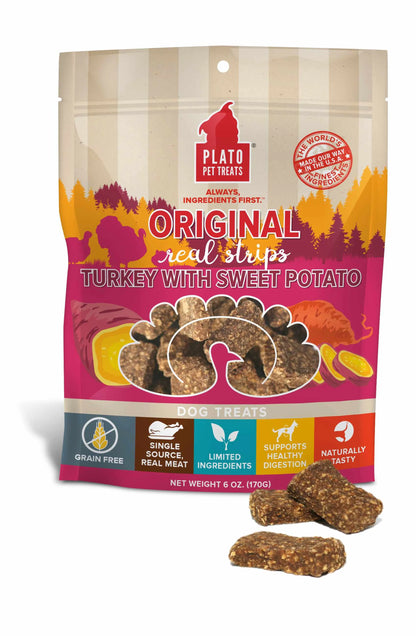 Plato Turkey Sweet Potato Dog Treats - Soft Air-Dried Strips (6oz & 18oz).