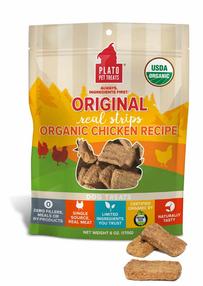 Plato Real Strips Organic Chicken Air-Dried Dog Treats - Single Ingredient, USDA Organic (6 oz & 18 oz) - Pets Perfect