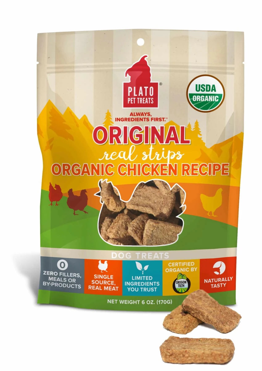 Plato Real Strips Organic Chicken Air-Dried Dog Treats - Single Ingredient, USDA Organic (6 oz & 18 oz) - Pets Perfect