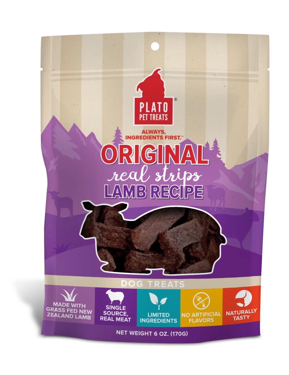 Plato Original Real Strips Lamb Air-Dried Dog Treats - Grain-Free, Limited Ingredient (6 oz & 18 oz) - Pets Perfect