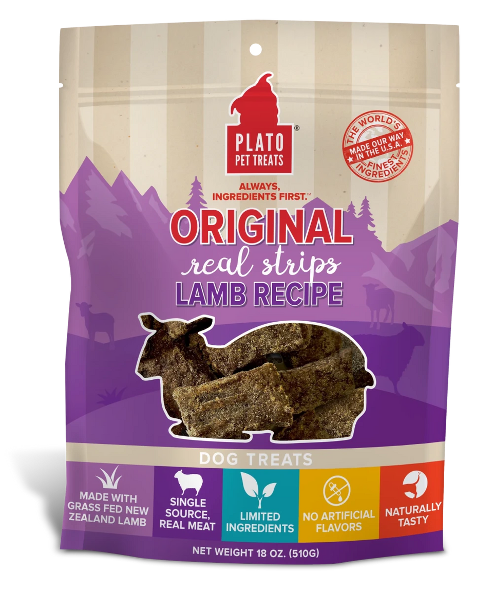 Plato Original Real Strips Lamb Air-Dried Dog Treats - Grain-Free, Limited Ingredient (6 oz & 18 oz) - Pets Perfect