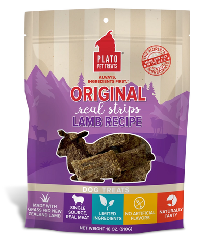Plato Original Real Strips Lamb Air-Dried Dog Treats - Grain-Free, Limited Ingredient (6 oz & 18 oz) - Pets Perfect