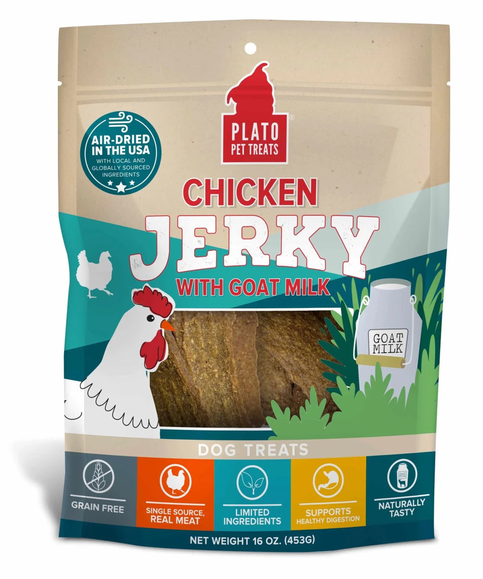 Plato Pet Treats Chicken Jerky with Goat's Milk Dog Treats 16 oz - Pets Perfect
