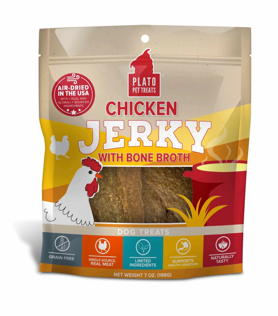 Plato Chicken Jerky with Bone Broth Air-Dried Dog Treats - Grain-Free, 40% Protein (7 oz & 16 oz) - Pets Perfect