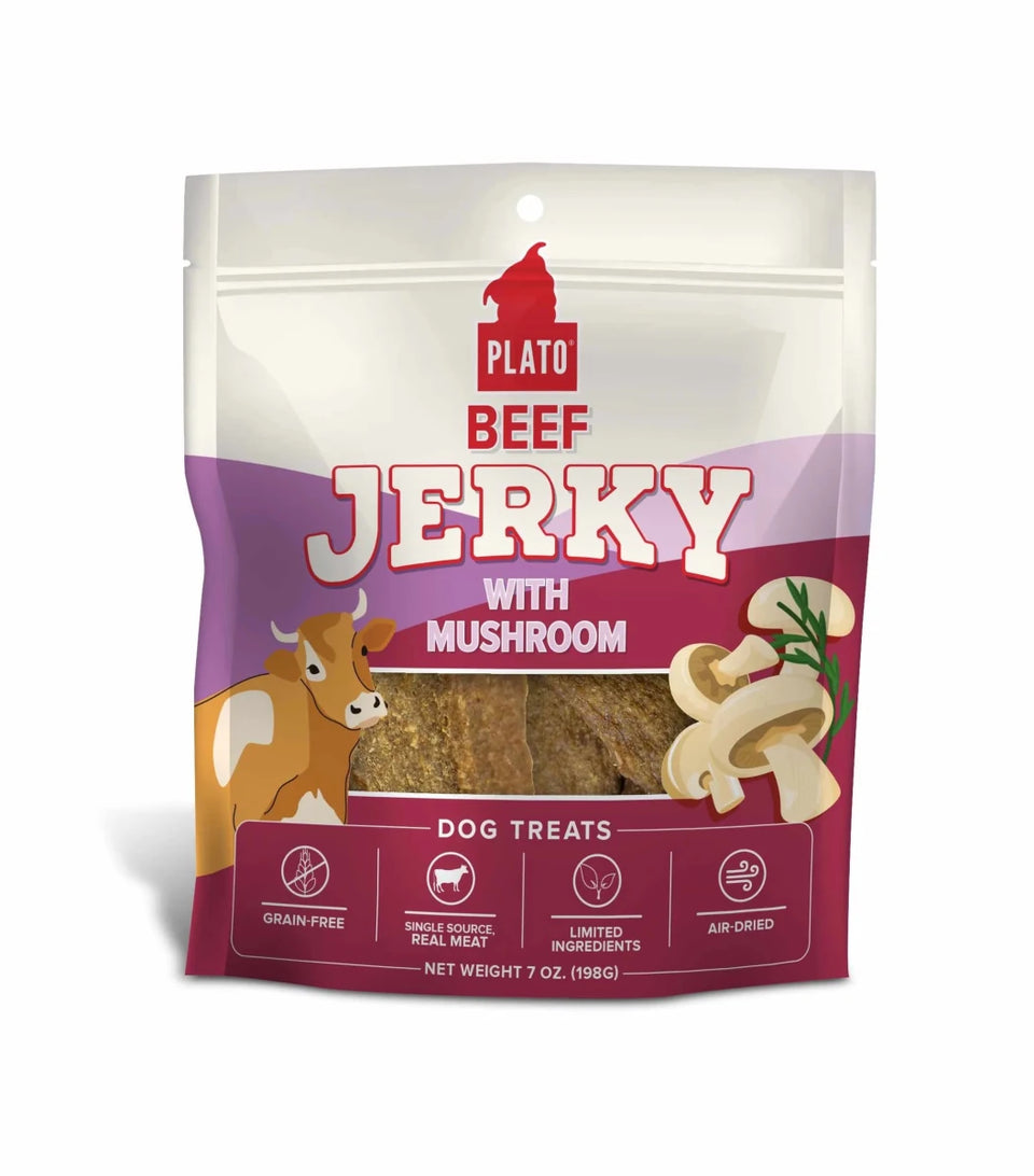 Plato Pet Treats Beef Jerky with Mushroom Dog Treats - Pets Perfect