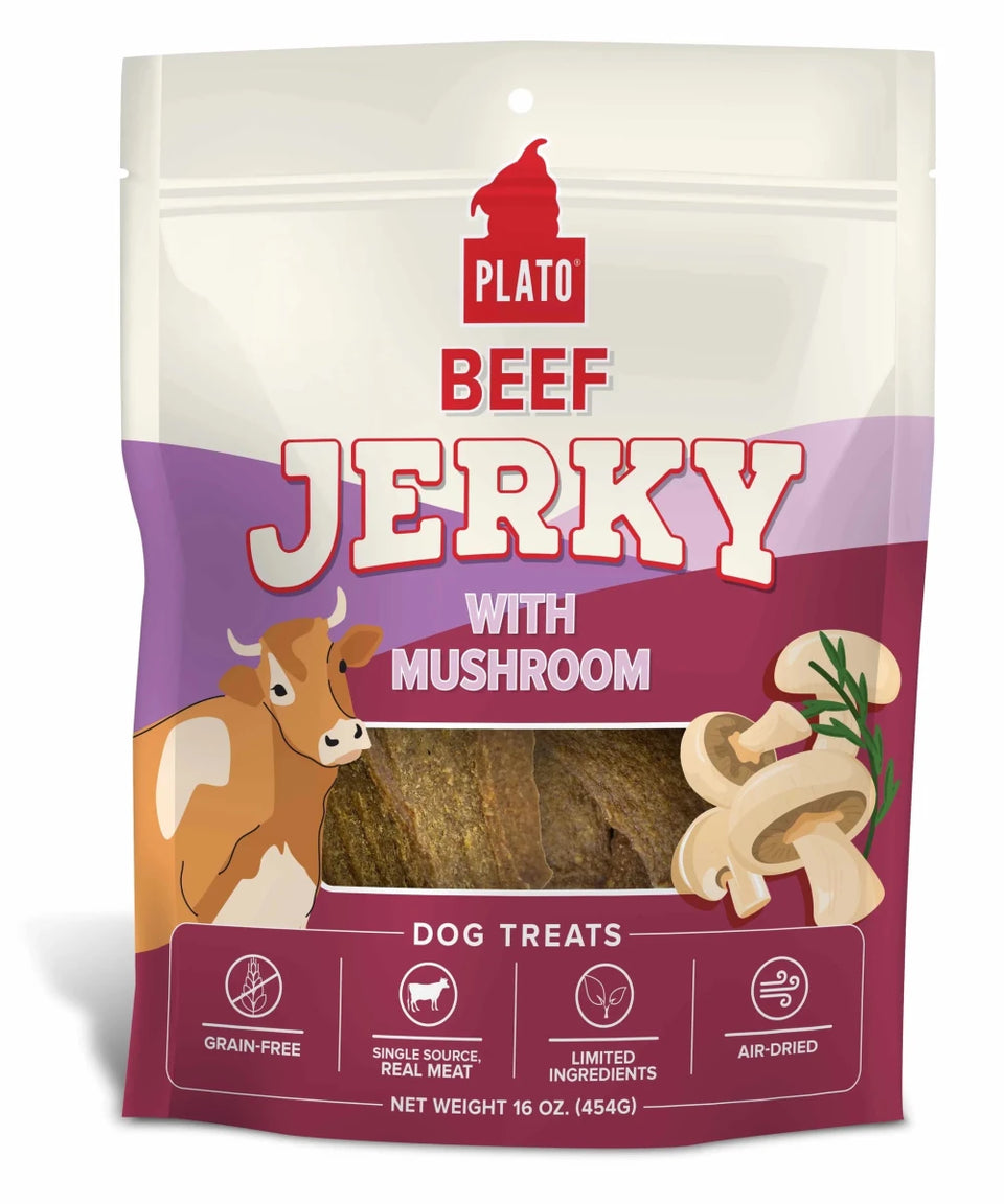 Plato Pet Treats Beef Jerky with Mushroom Dog Treats - Pets Perfect