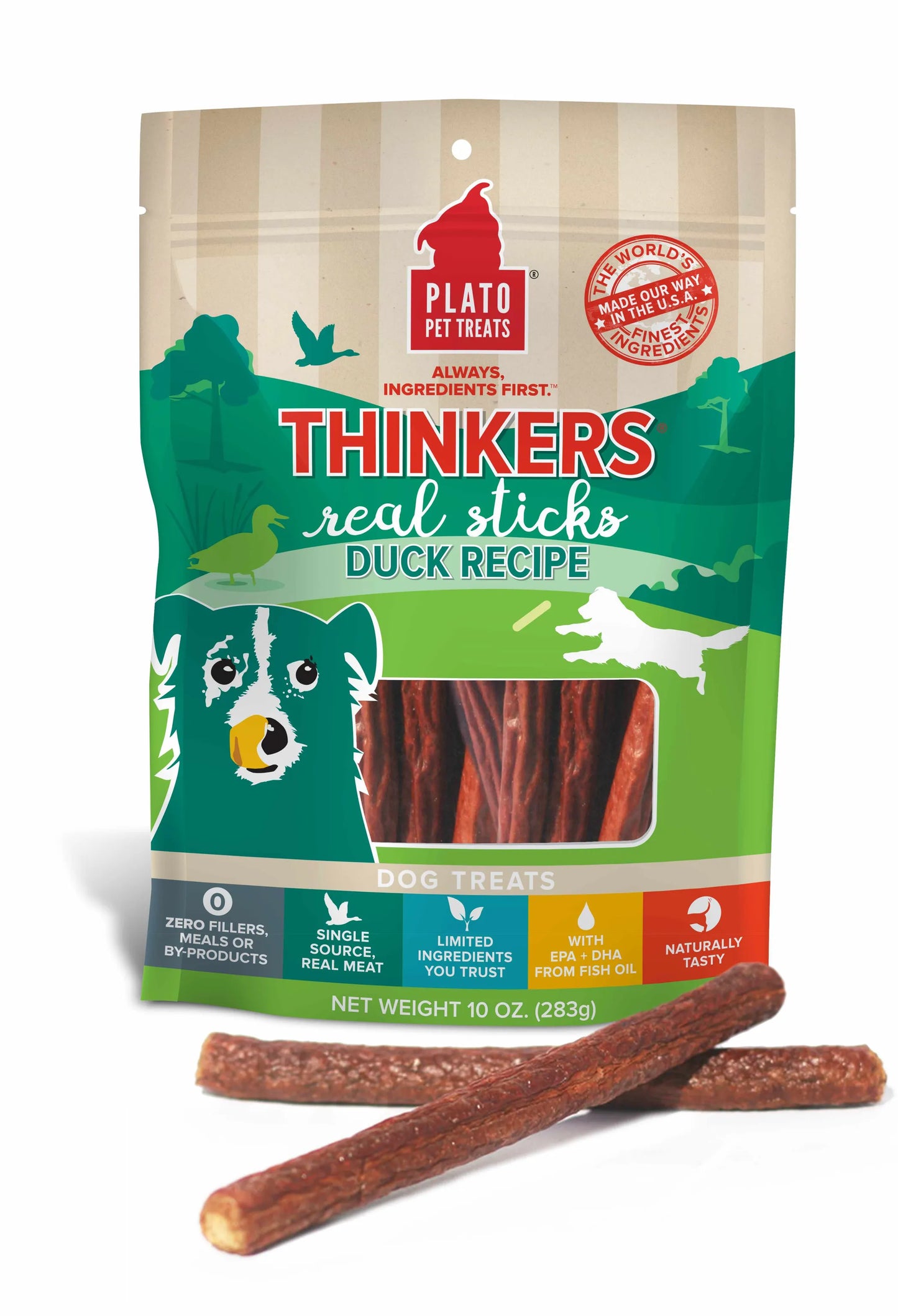 Plato Thinkers Duck Sticks Dog Treats - Premium Freeze - Dried Duck Chews for Brain Health & Training Rewards - Pets Perfect