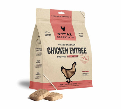 Vital Essentials® Freeze-Dried Raw Chicken Entree Dog Food Mini Patties, 14 oz with two patties in front