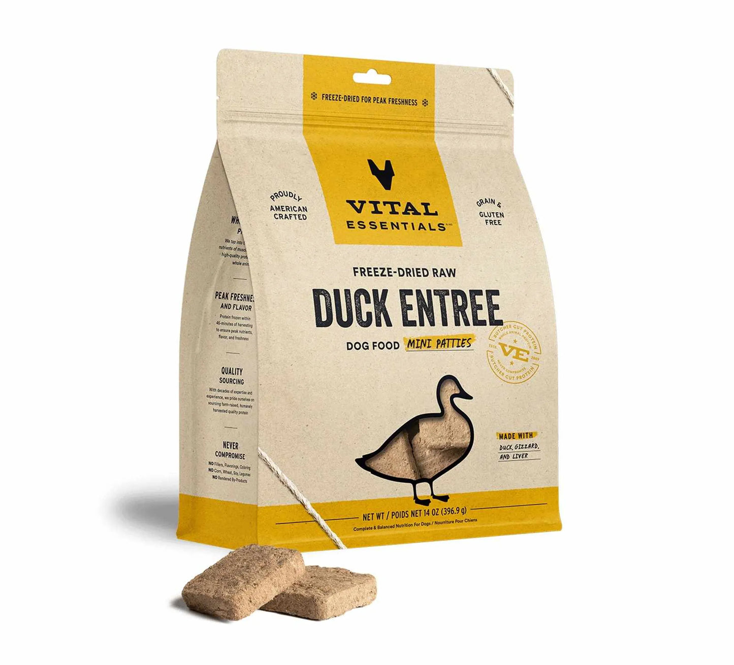 Vital Essentials(R) Freeze-Dried Raw Duck Entree Dog Food Mini Patties, 14 oz in packaging with two patties shown, pet supplies online.