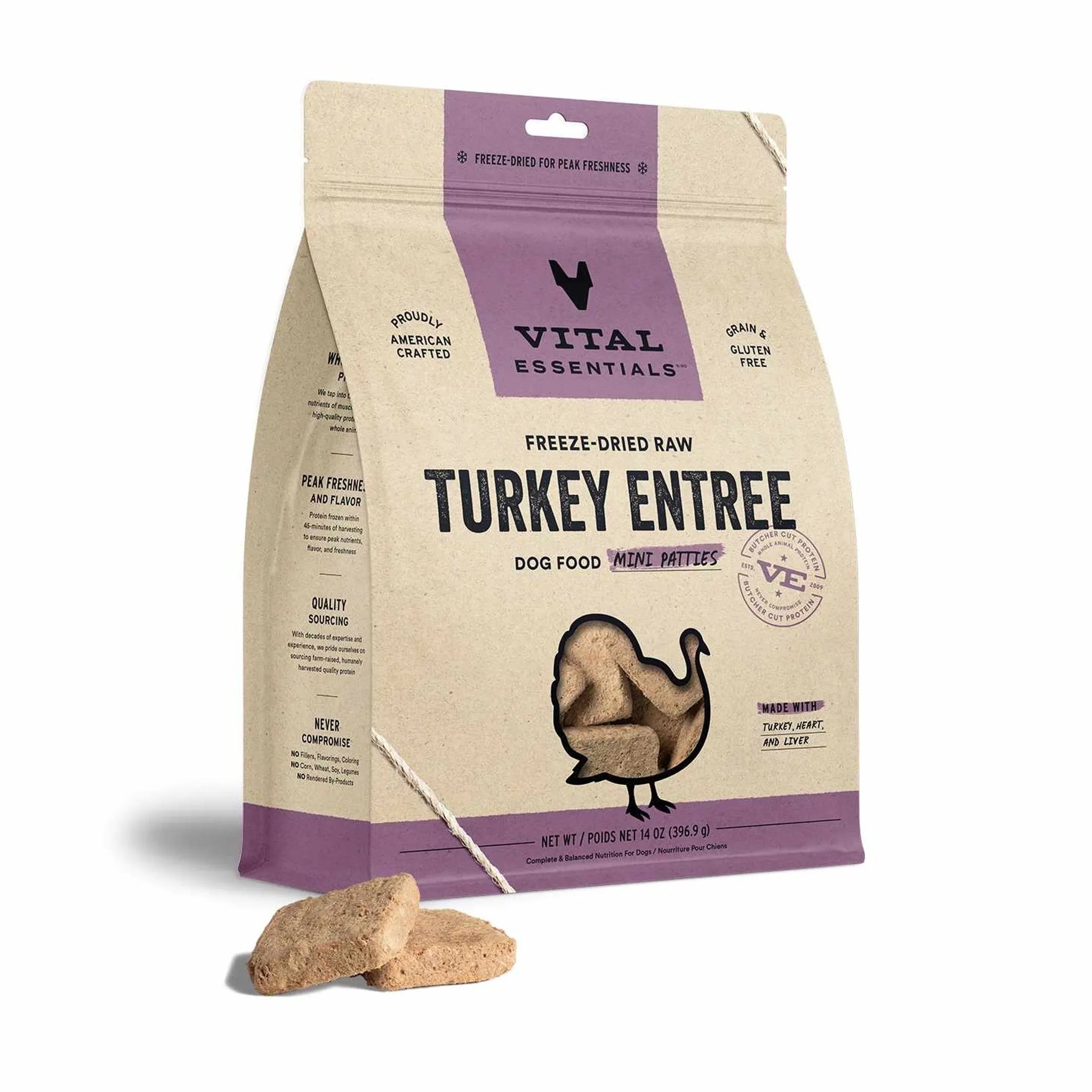 Vital Essentials(R) Freeze-Dried Raw Turkey Entree Dog Food Mini Patties, 14 oz