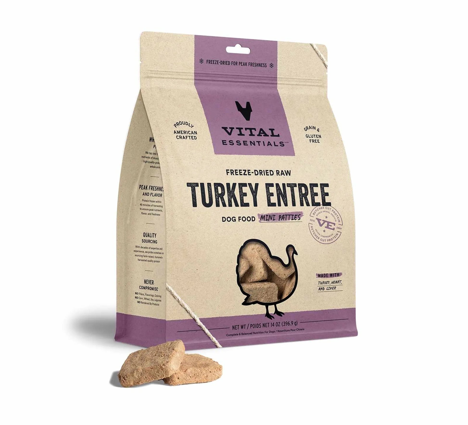 Vital Essentials(R) Freeze - Dried Raw Turkey Entree Dog Food Mini Patties, 14 oz - Pets Perfect