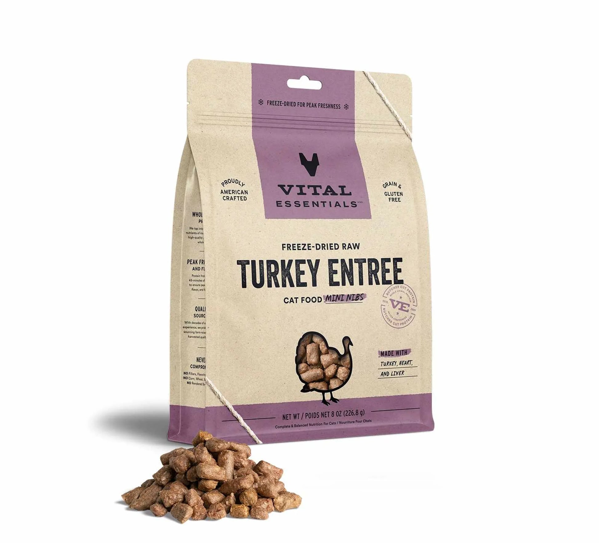 Vital Essentials(R) Freeze - Dried Raw Turkey Entree Cat Food Mini Nibs, - Pets Perfect