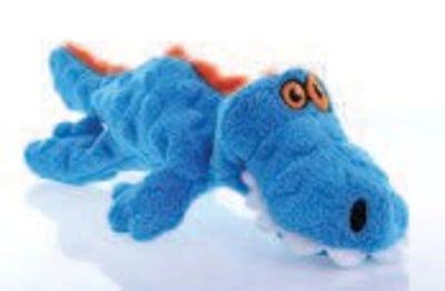 Blue goDog plush gator toy with orange eyes and ridged back