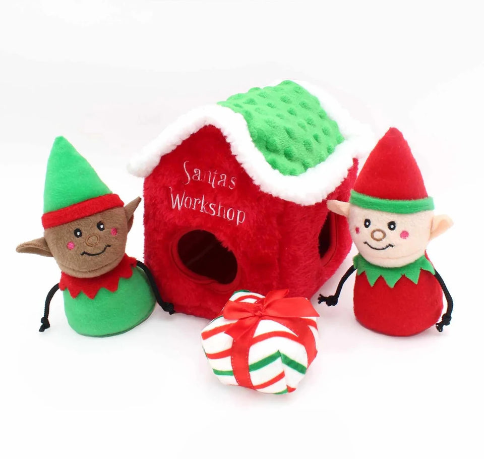 ZippyPaws Holiday Burrow Santa's Workshop Plush Dog Toy - Pets Perfect