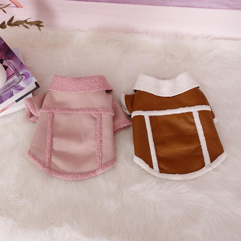Plush Zipper Warm Faux Leather Dog Jacket - Stylish Winter Pet Coat - Pets Perfect