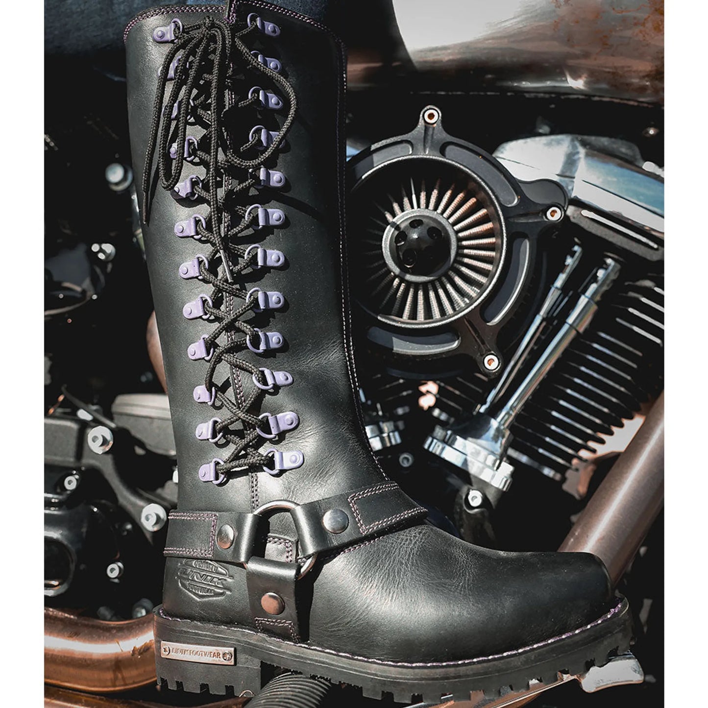 Black leather biker boot with purple eyelets and laces on motorcycle backdrop, 12000.17 -Ladies Motorcycle Biker Leather Boots