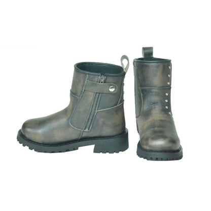 12007.BR - Ladies Motorcycle Biker Leather Boots in distressed brown with side zipper and stud details