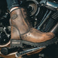 12007.BR - Ladies Motorcycle Biker Leather Boots in brown leather with stud details worn on a motorcycle footrest