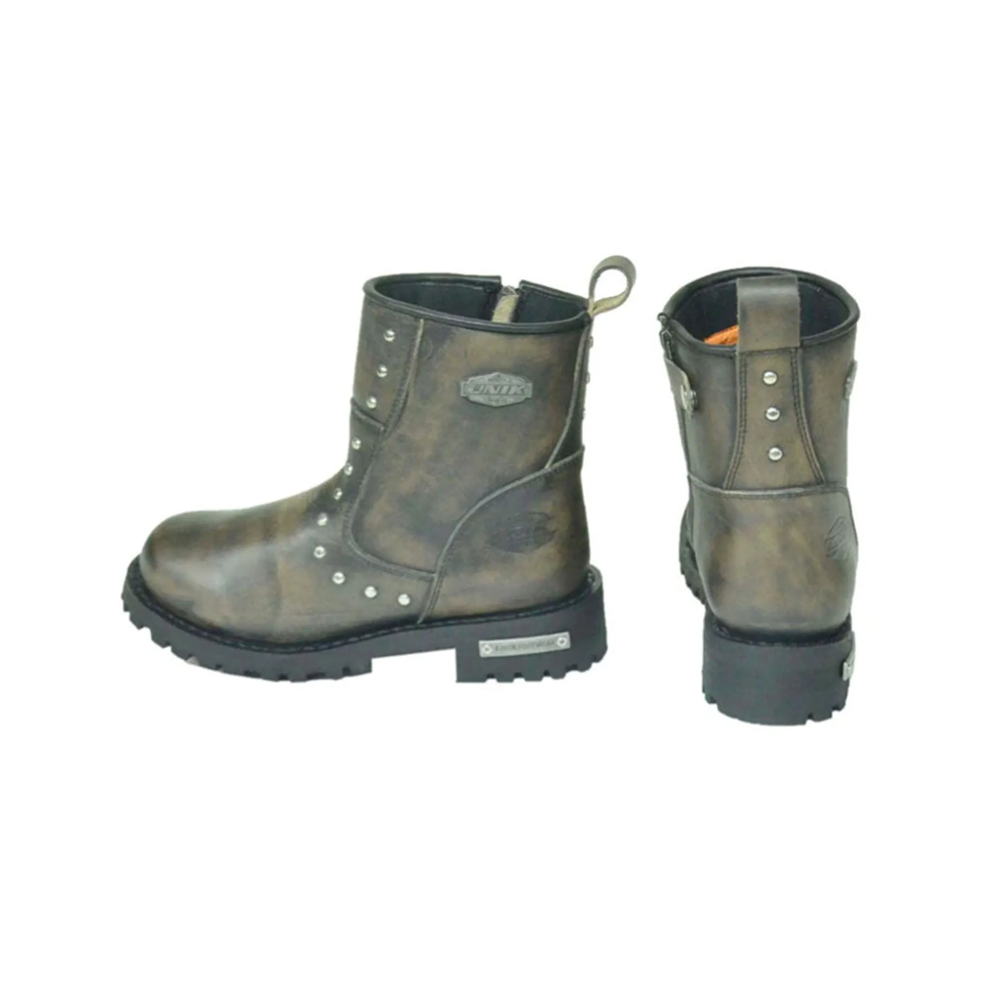 12007.BR - Ladies Motorcycle Biker Leather Boots in distressed brown with silver studs and rugged sole design