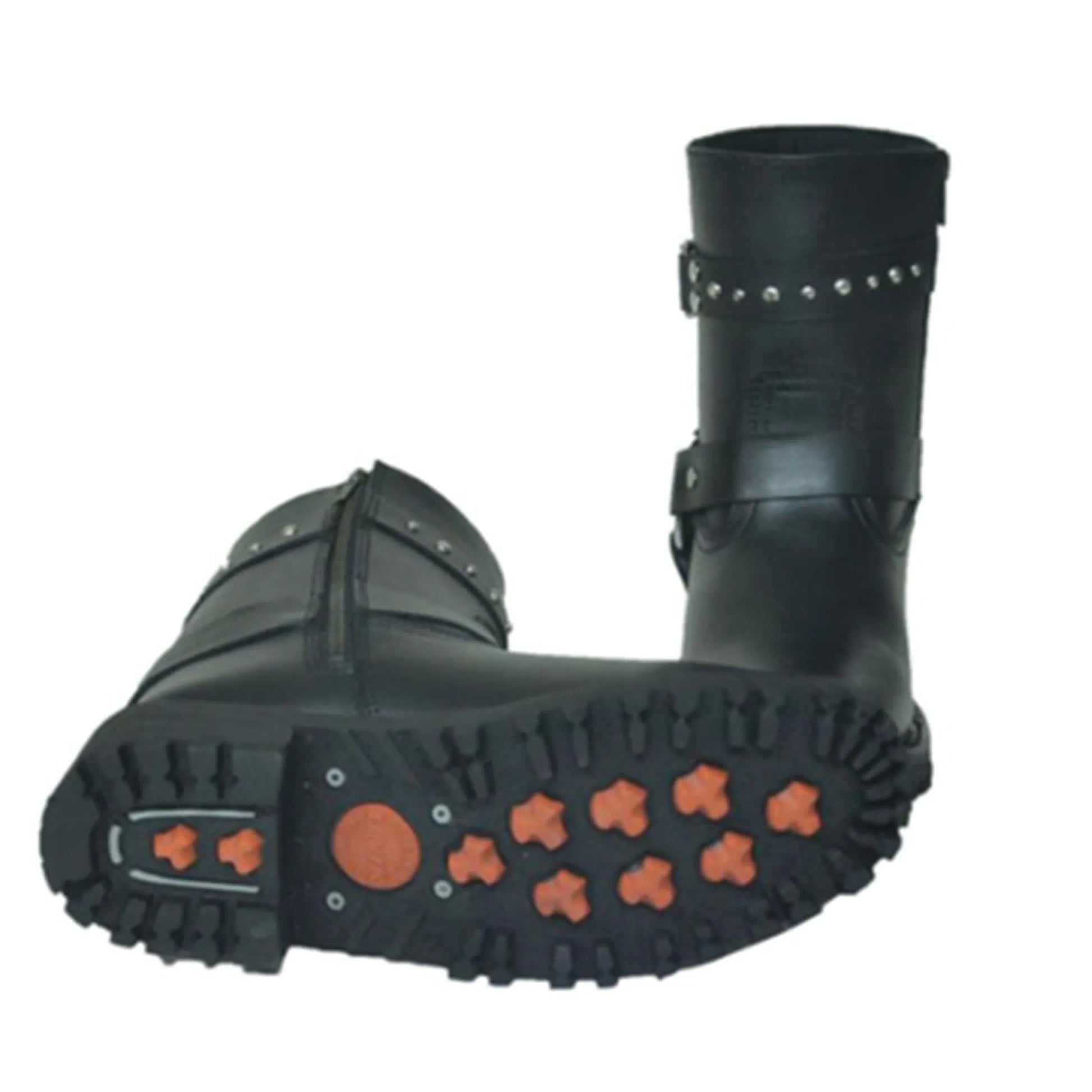 12008.00 - Ladies Motorcycle Biker Leather Boots in black with studded straps and rugged orange-accented soles