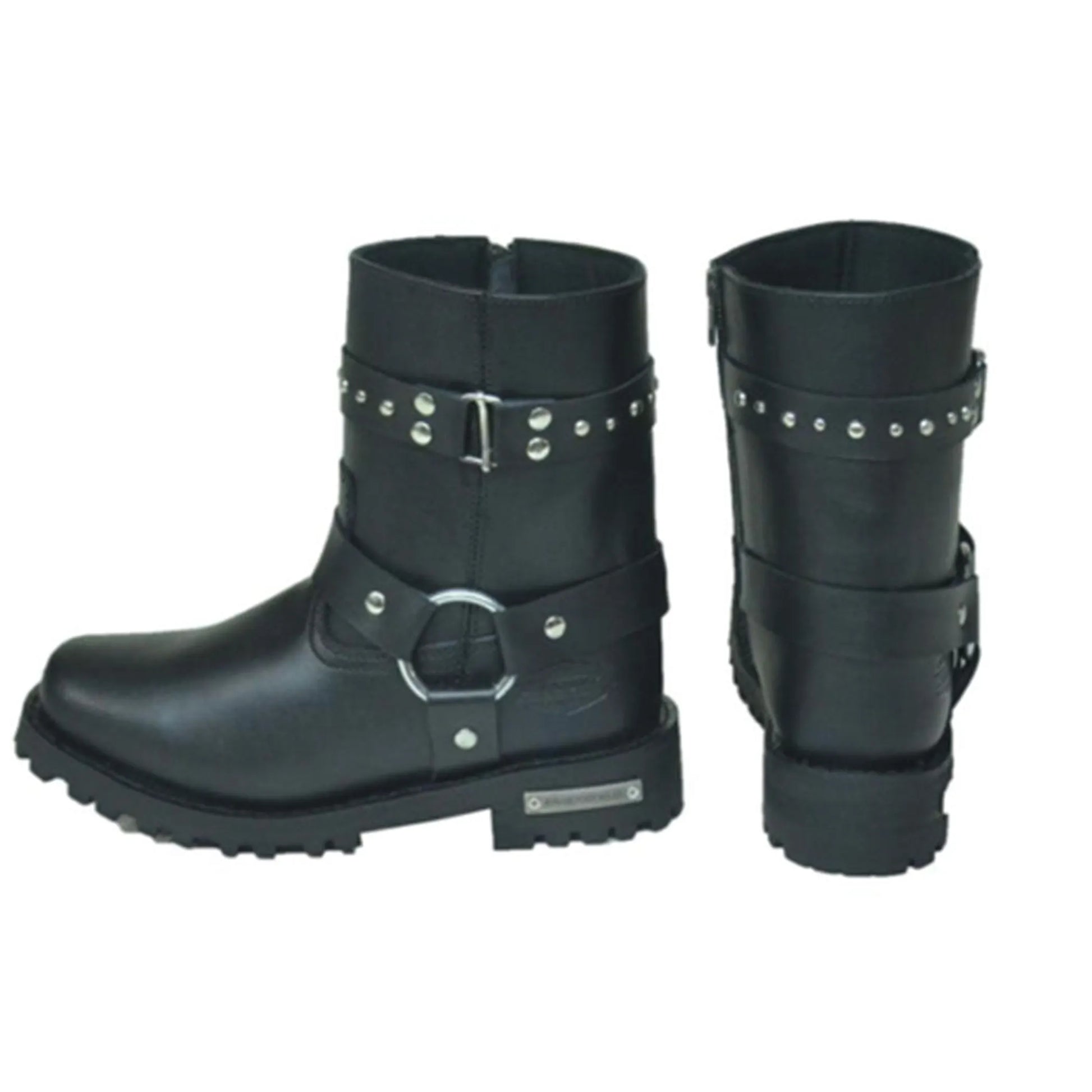 12008.00 - Ladies Motorcycle Biker Leather Boots in black with studded straps and rugged soles displayed from side and back views