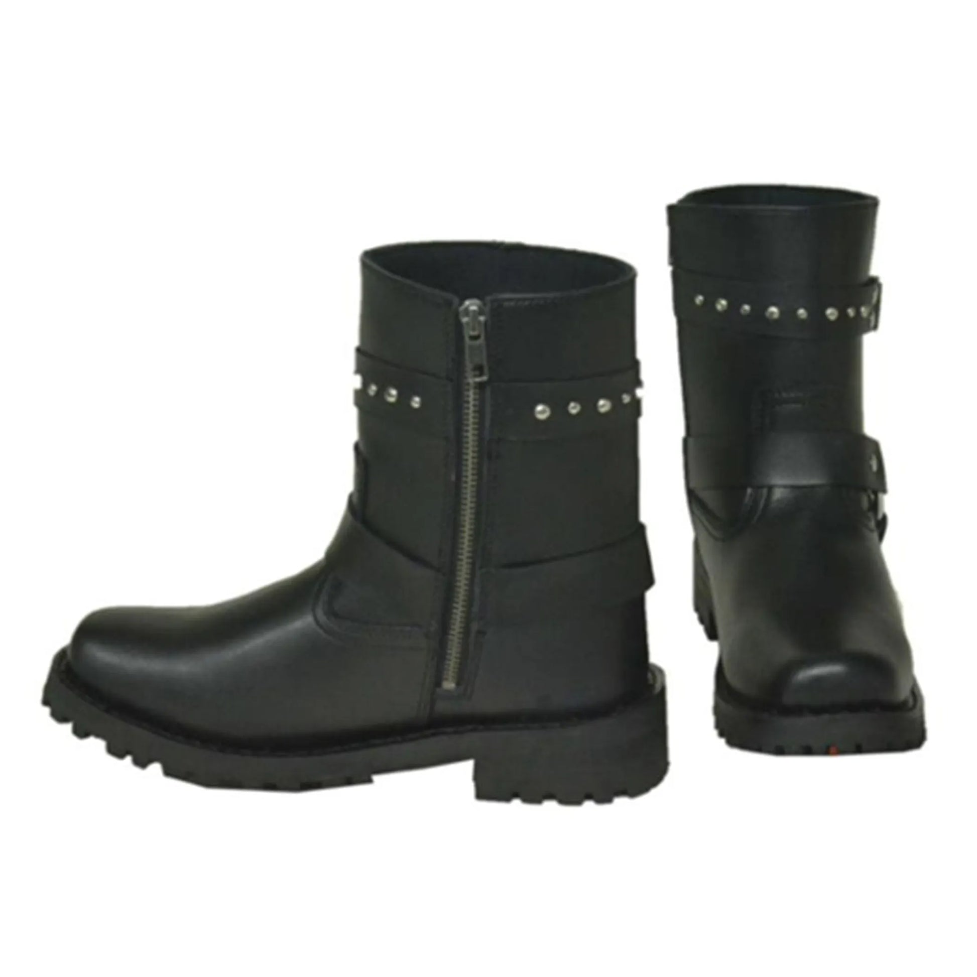 12008.00 - Ladies Motorcycle Biker Leather Boots in black with side zipper and studded ankle straps designed for durability and style