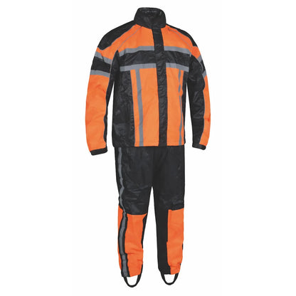 2714.16 - Mens Orange Textile Rainsuit featuring high-visibility orange and black color blocking with reflective stripes for safety.