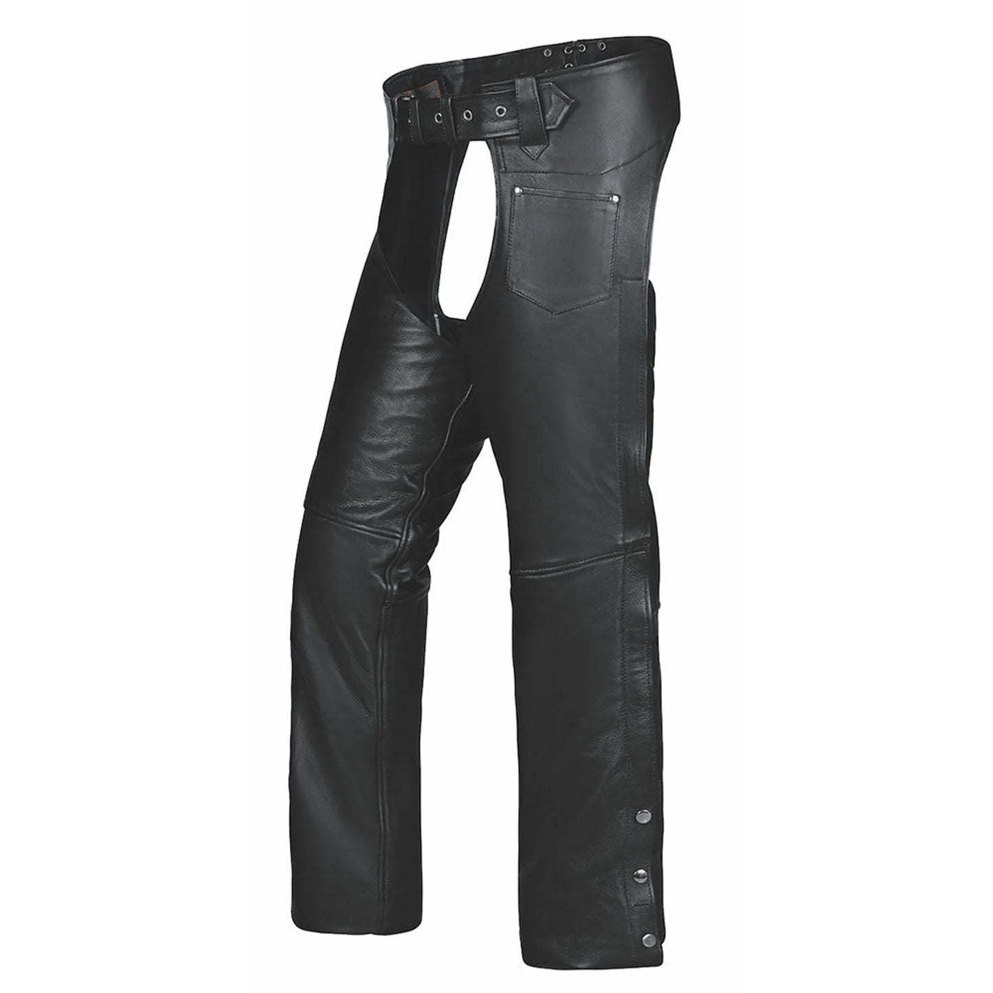 0326.00 - Unisex Ultra Coin Pocket Chaps in black leather with belt and side snap closures for equestrian use