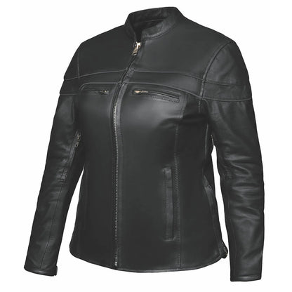6537.GO - Ladies Premium Leather Jacket black with zippered pockets and stand collar, sleek fitted design