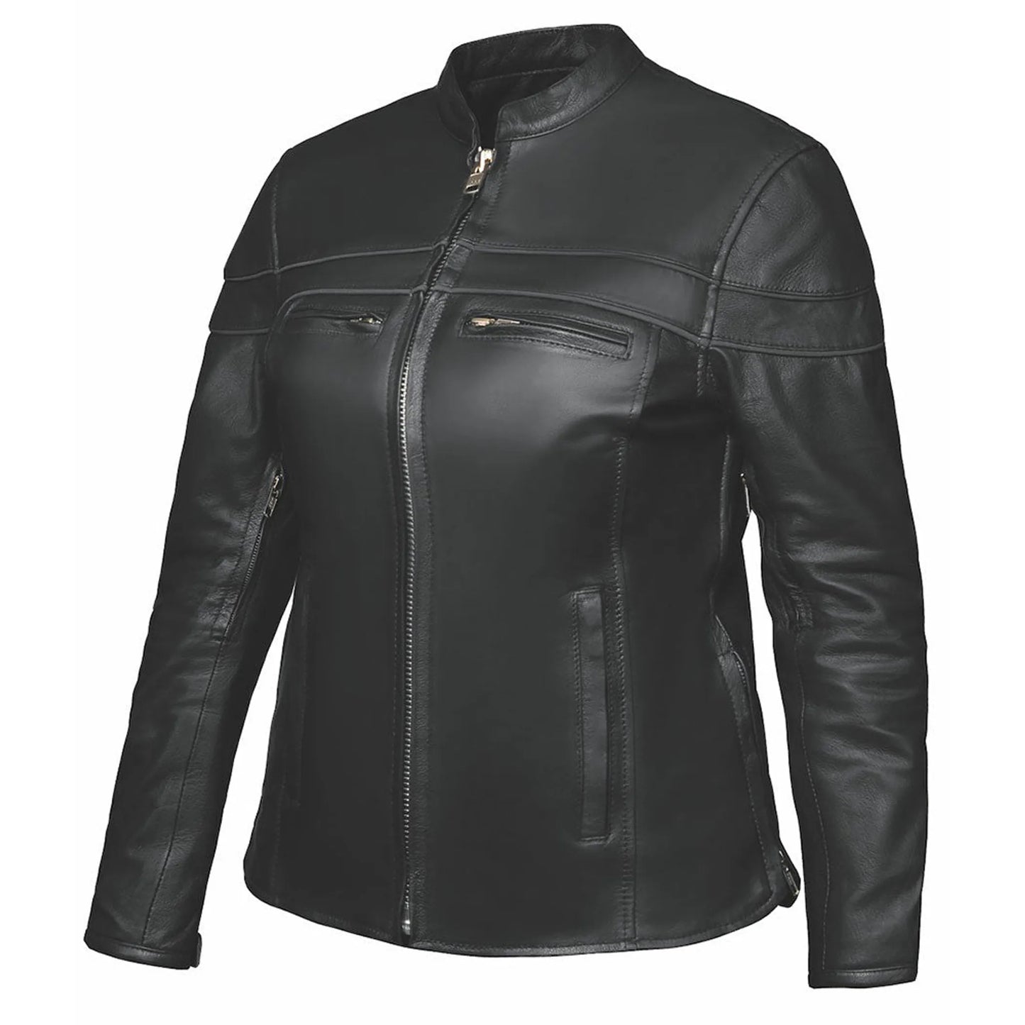 6537.GO - Ladies Premium Leather Jacket in black with zippered pockets and modern slim fit design