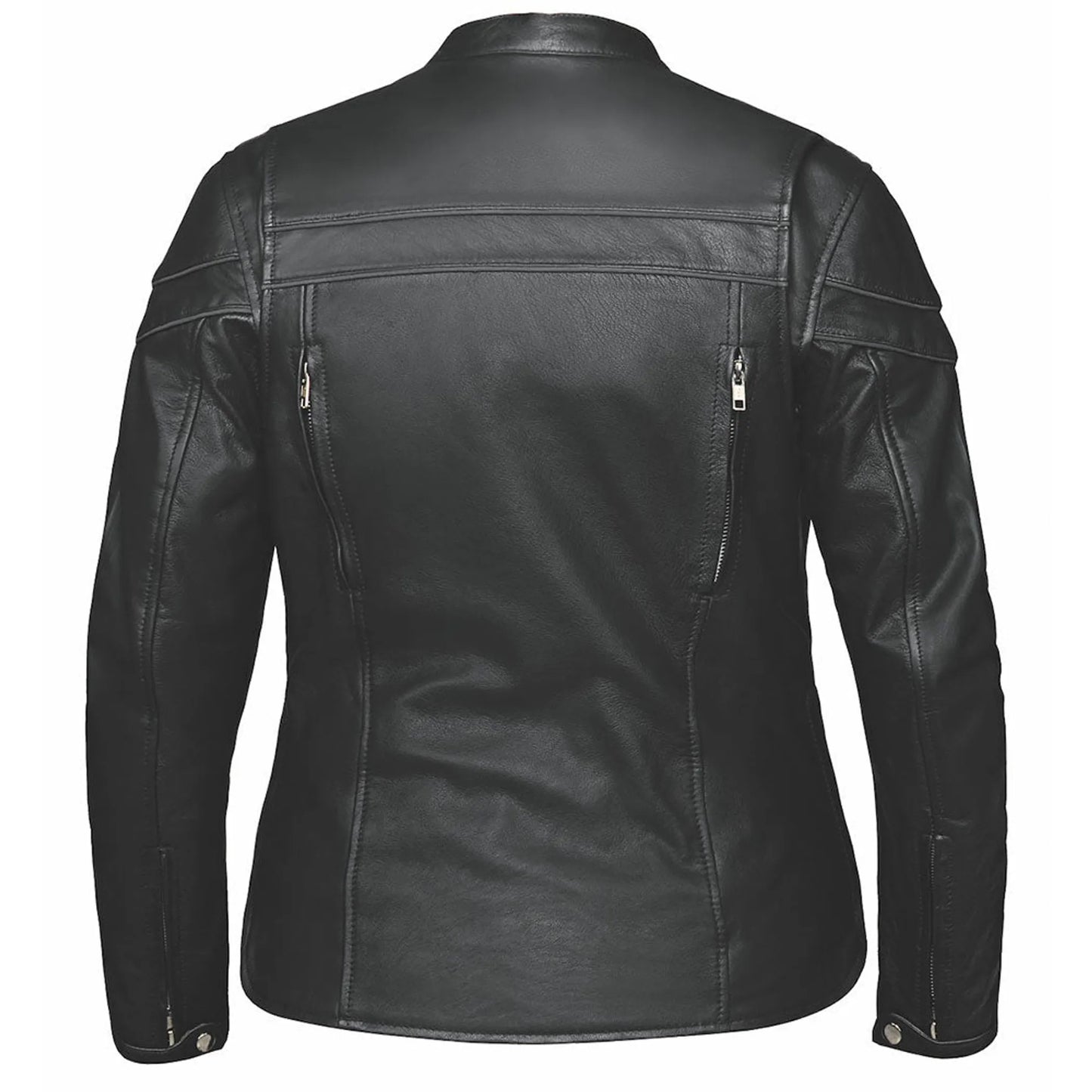 Back view of a black leather jacket with zippered pockets, labeled 6537.GO - Ladies Premium Leather Jacket