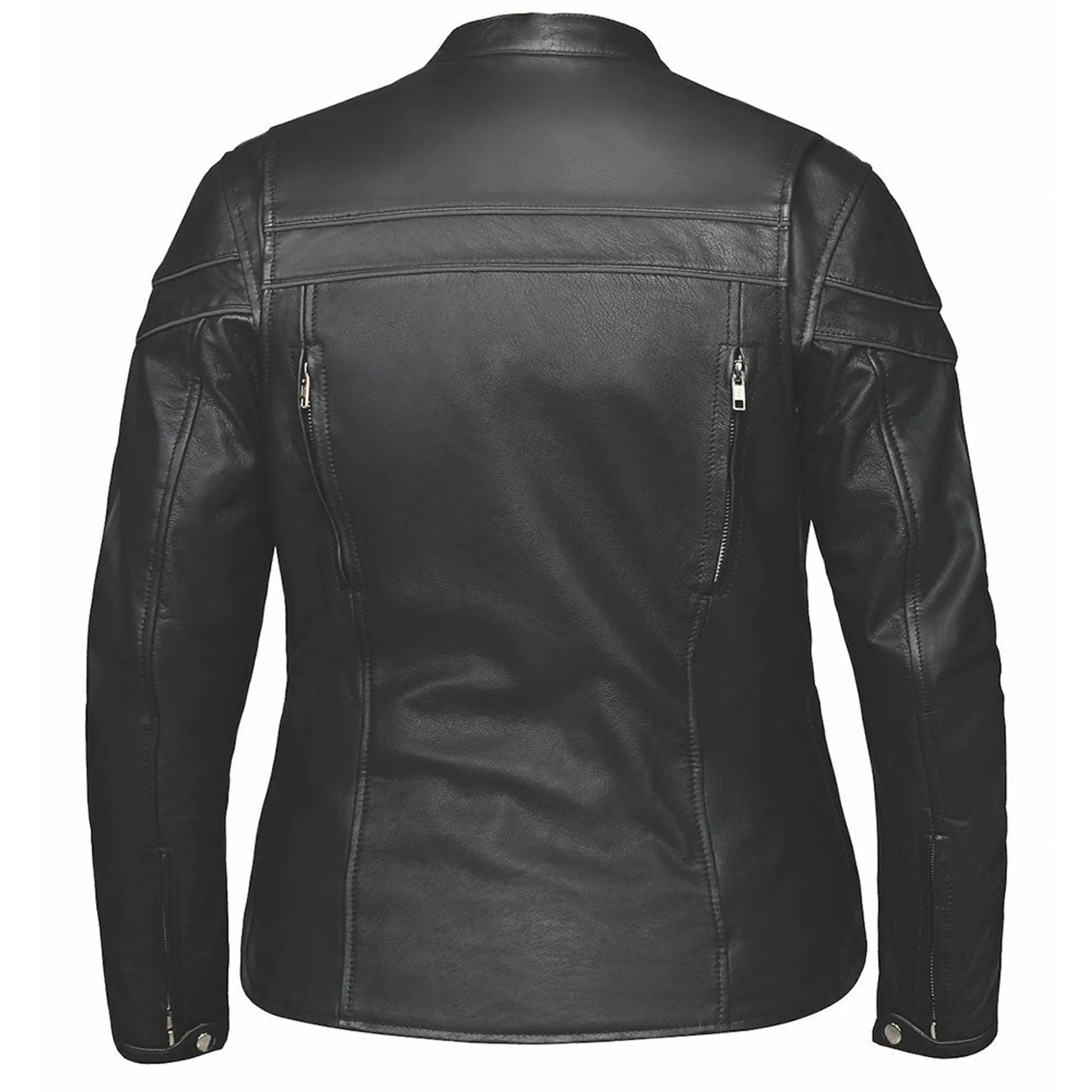 Back view of a black leather jacket with zippered pockets, labeled 6537.GO - Ladies Premium Leather Jacket