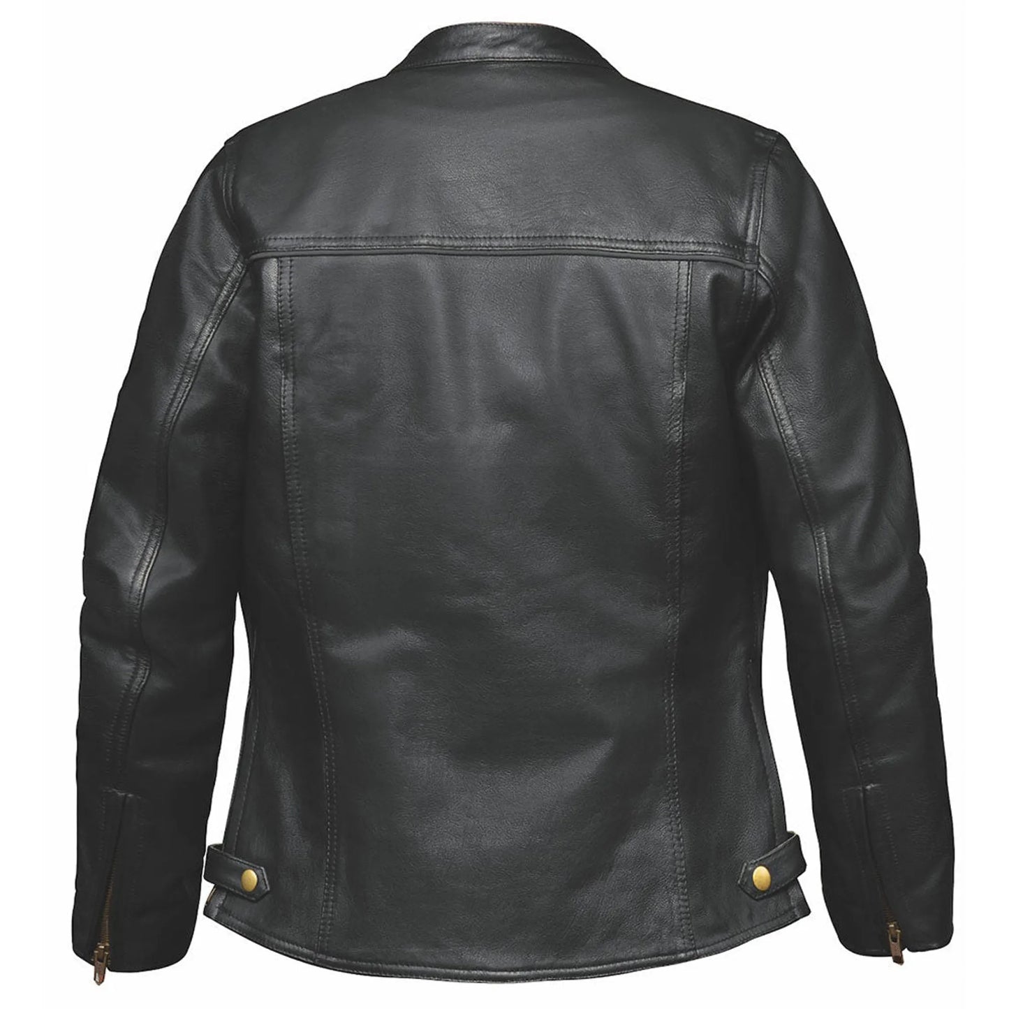 Back view of black leather 6557.NG - LADIES PREMIUM LEATHER JACKET with stitched detailing and adjustable side straps.