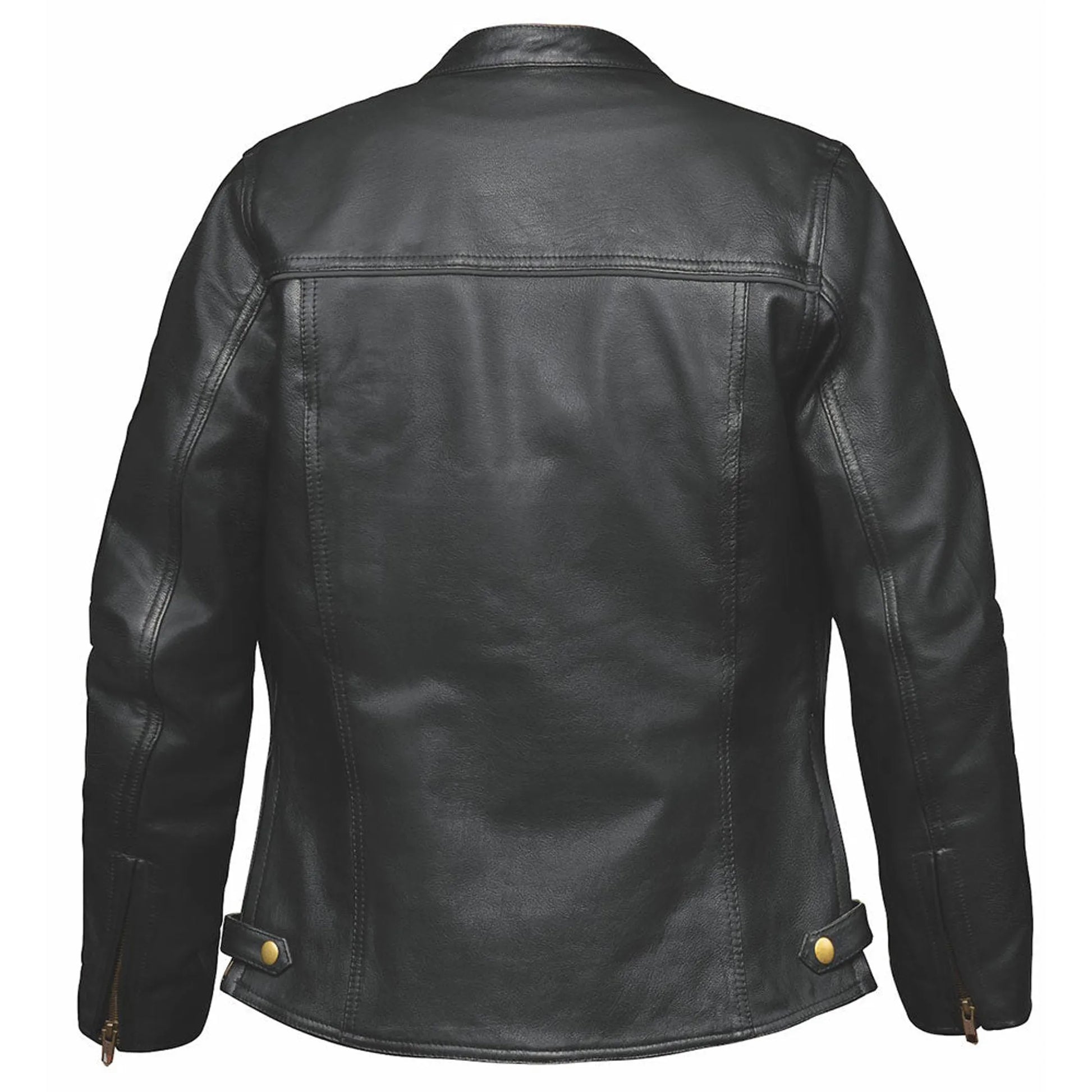 Back view of black leather 6557.NG - LADIES PREMIUM LEATHER JACKET with stitched detailing and adjustable side straps.