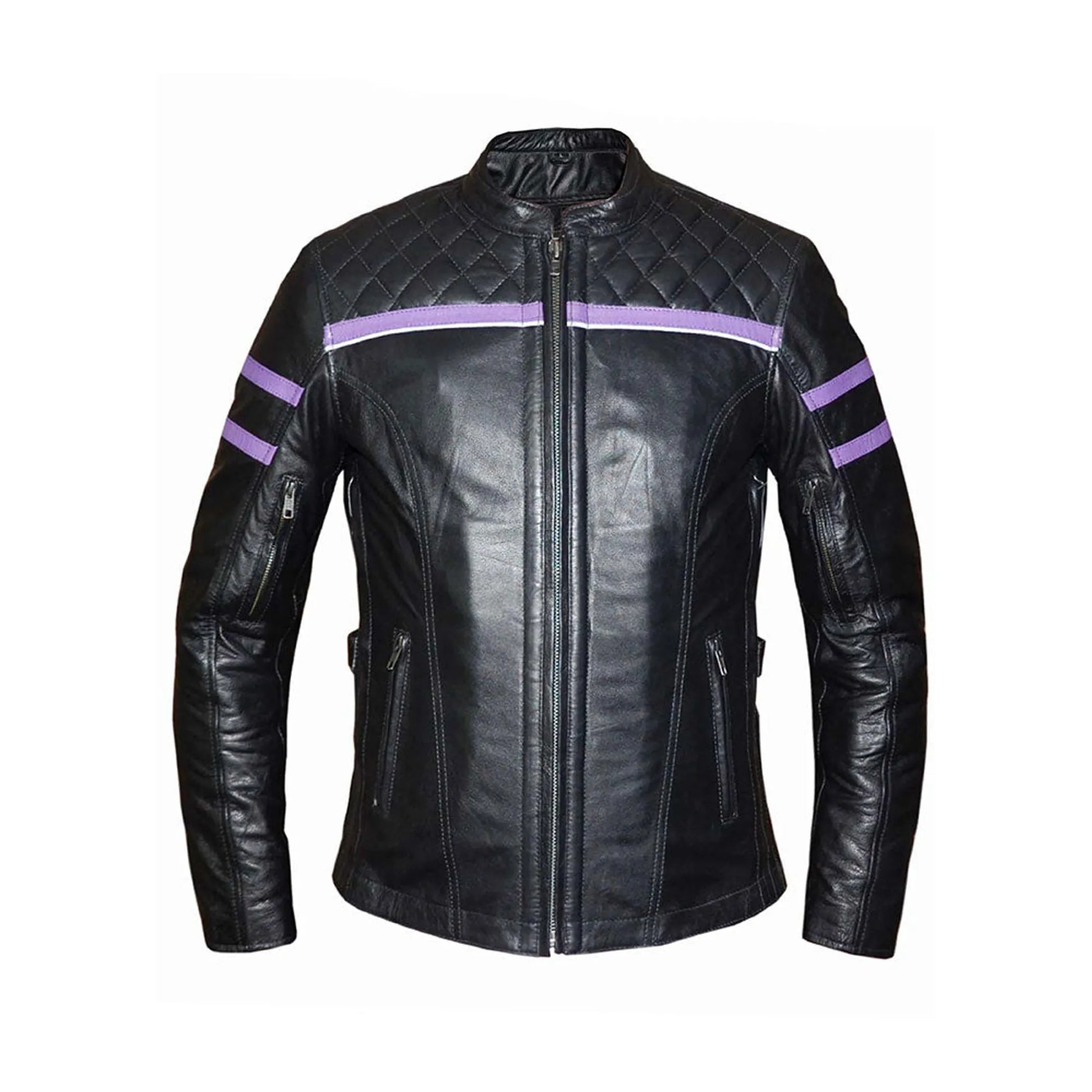 6560.17 - Ladies Purple Leather Jacket with quilted shoulders and purple stripes on sleeves and chest in black leather