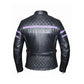 6560.17 - Ladies Purple Leather Jacket showing black quilted leather with purple stripes on back and sleeves