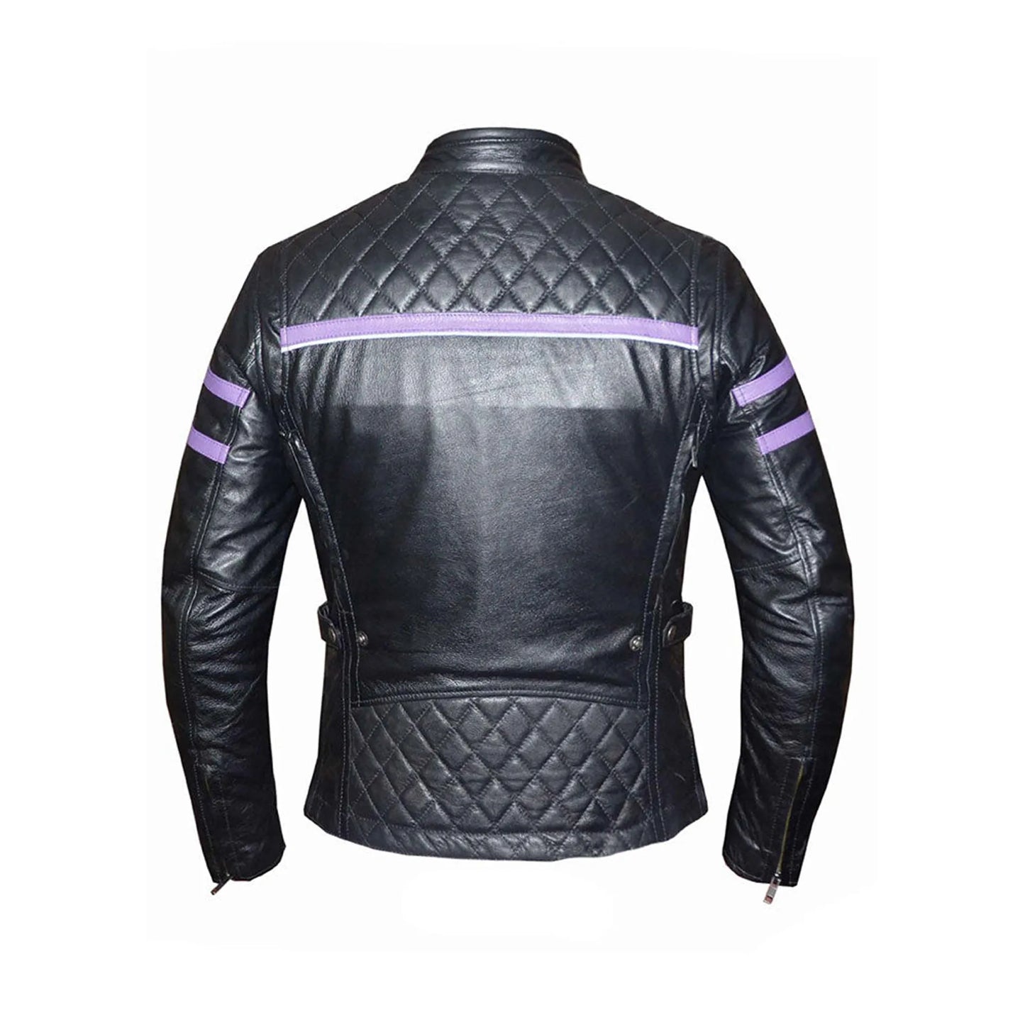 6560.17 - Ladies Purple Leather Jacket showing black quilted leather with purple stripes on back and sleeves