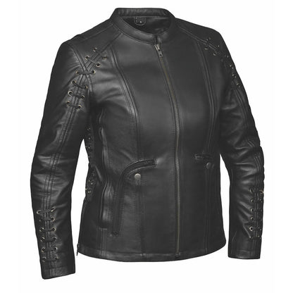 6564.00 - Ladies Premium Leather Jacket in black with front zipper and decorative lacing on sleeves and shoulders