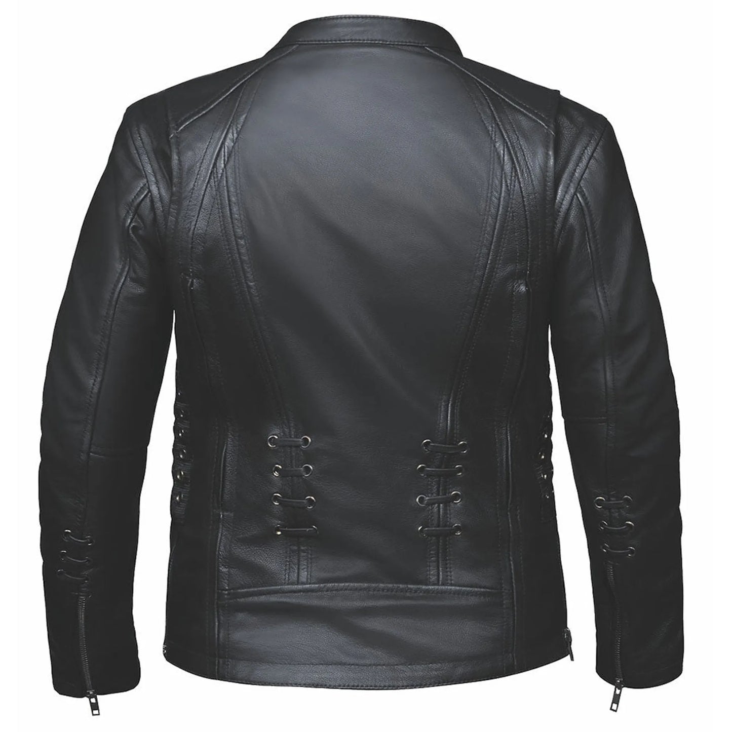 6564.00 - Ladies Premium Leather Jacket black back view with lace-up details on sleeves and sides, zipped cuffs