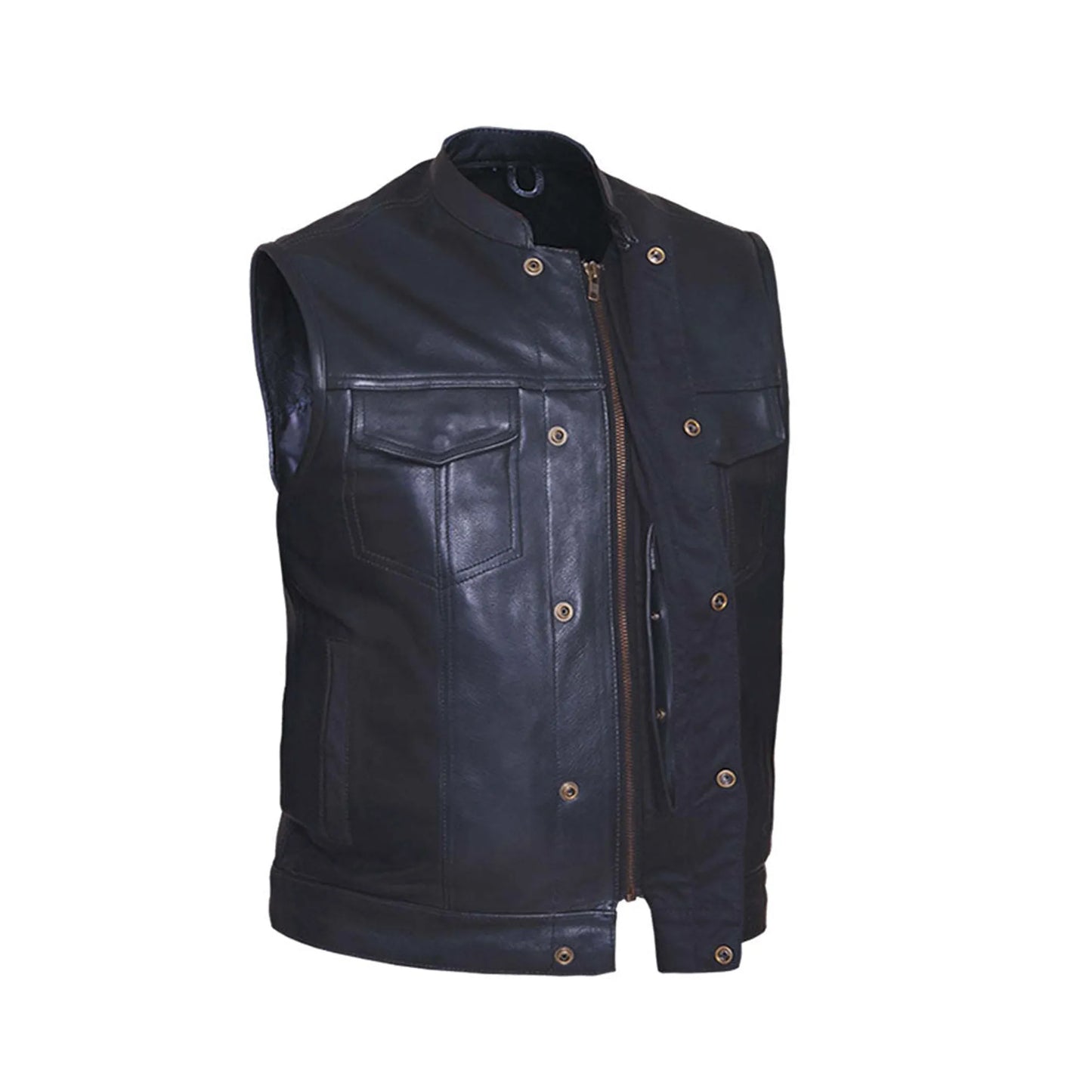 6655.00 - Mens SOA Style Club Vest black leather with front zipper and snap button pockets in classic biker design