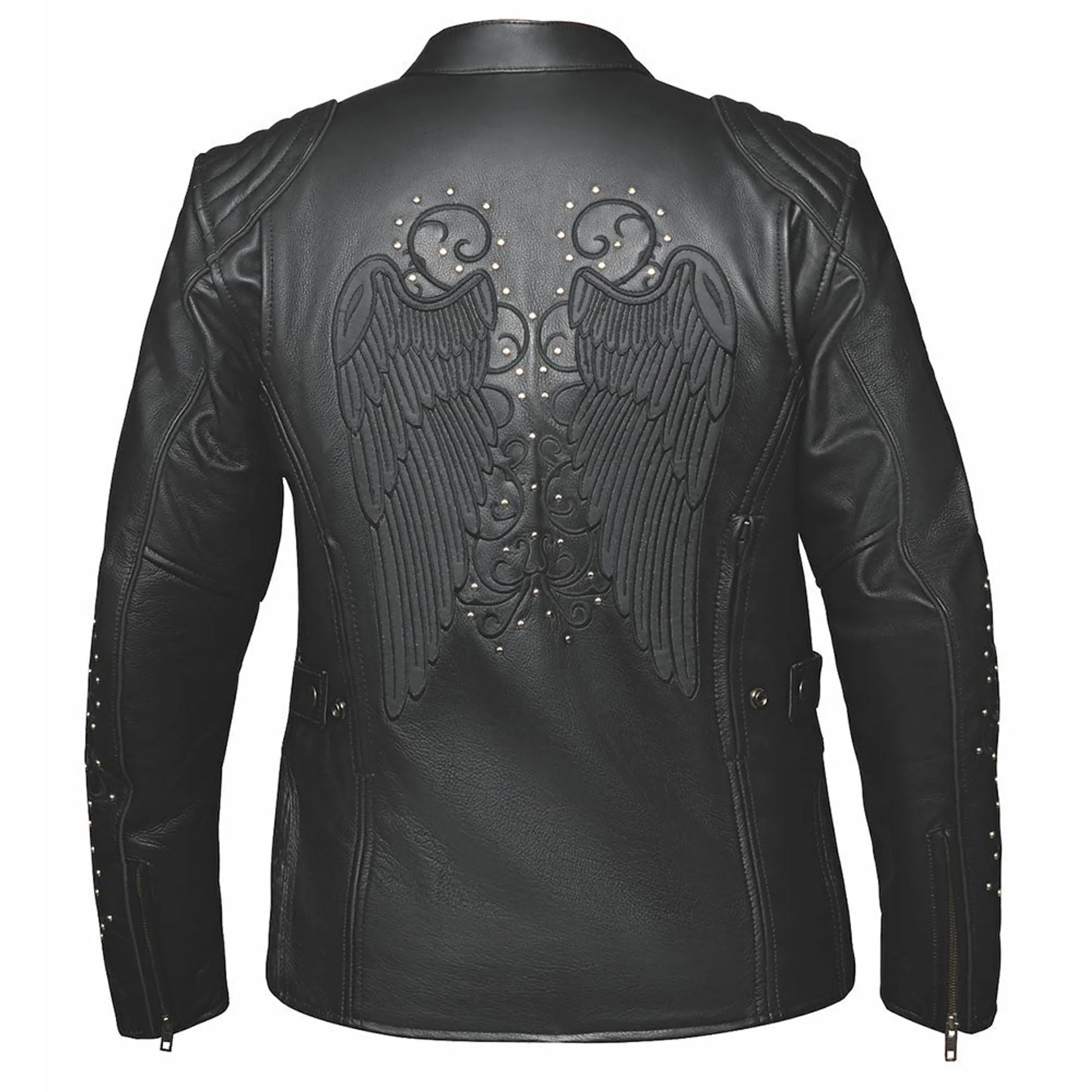 6824.RF - Ladies Premium Leather Jacket in black with embroidered wing design and stud details on back and sleeves