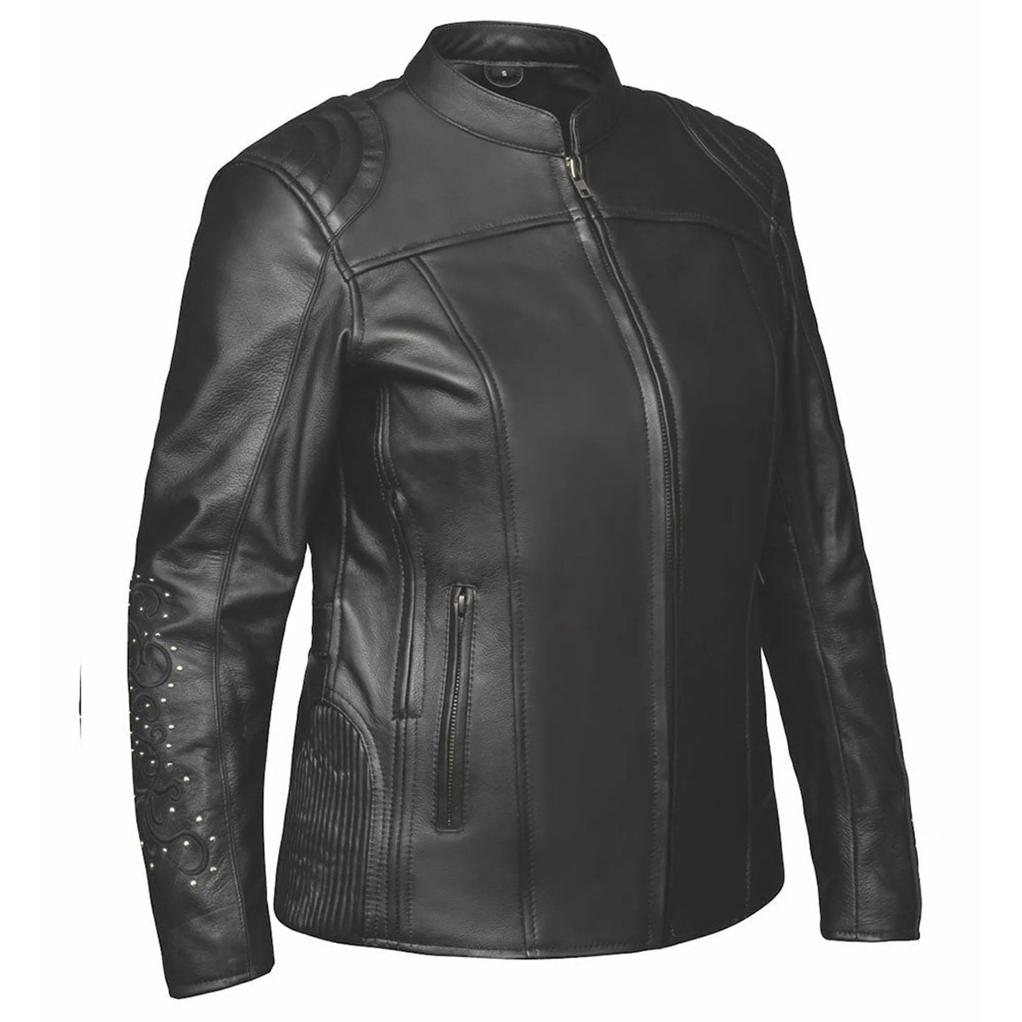 6824.RF - Ladies Premium Leather Jacket in black with zipper front, stand collar, and detailed stitching on sleeves and sides