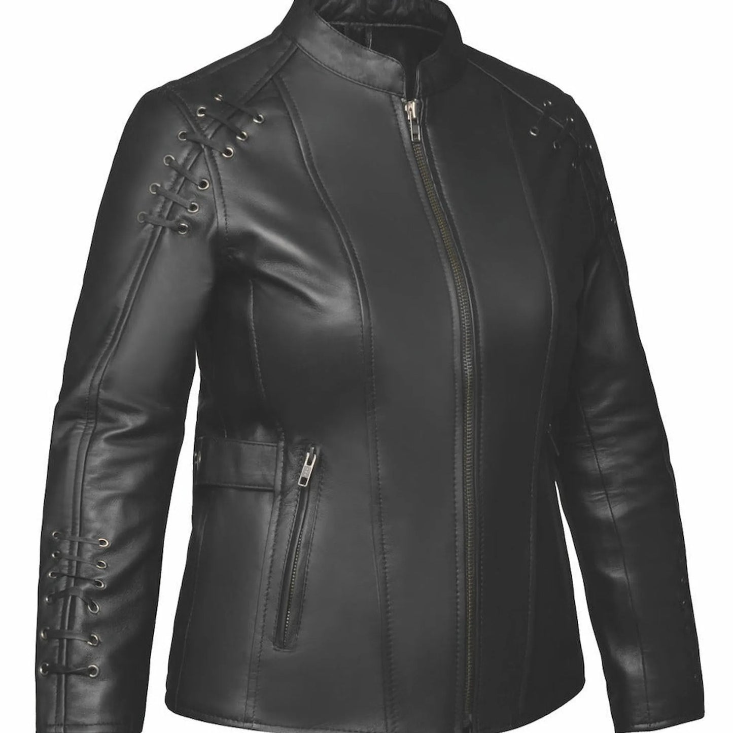 6829.00 - Ladies Premium Leather Jacket in black with front zipper and lace-up detail on sleeves and shoulders